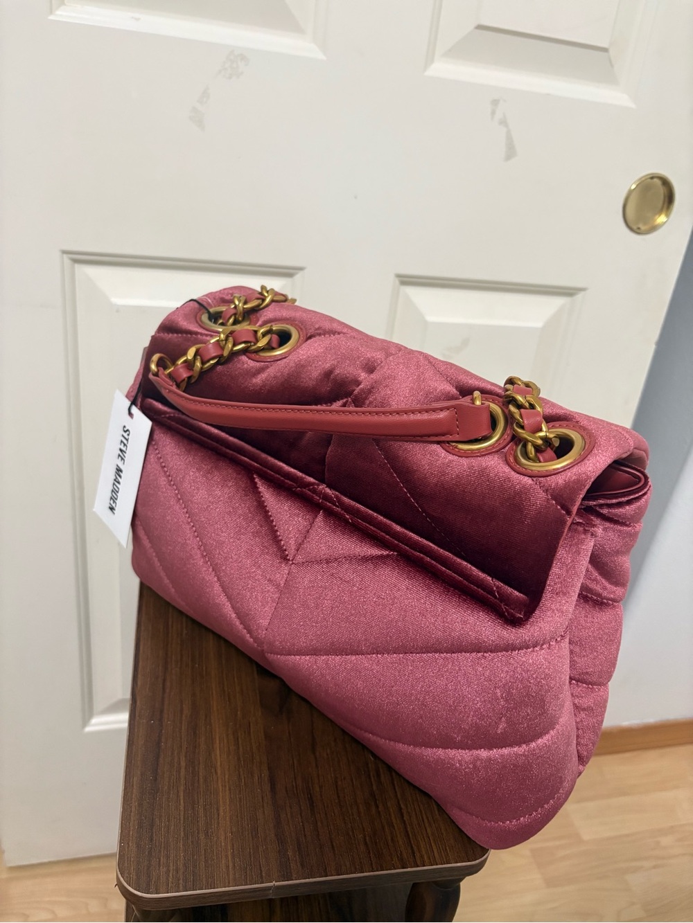 Steve Madden Quilted Satin Shoulder Bag in Wine - Picture 2 of 3